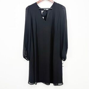 INC International Concepts Black Chiffon Tie Bow Long Sleeve V Neck Dress NEW